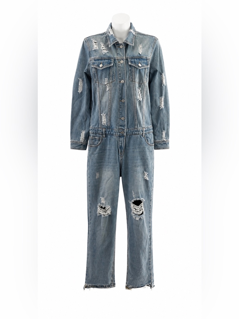 Fashion Nova Distressed Denim Jumpsuit Size S NWT